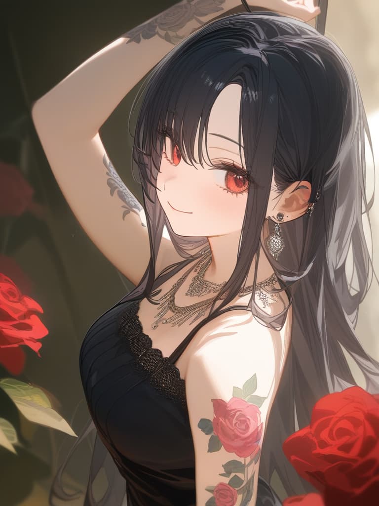  long hair, black hair, hair tips are pink, red eyes, hanging, bangs, and length of bangs, smiles, adults, adult faces, piercings, necklaces, black lace clothes, red rose tattou on arms in contained, thin makeup, rose tattoo on the arm, pink and black hair, masterpiece, best quality,8k,ultra detailed,high resolution,an extremely delicate and beautiful,hyper detail