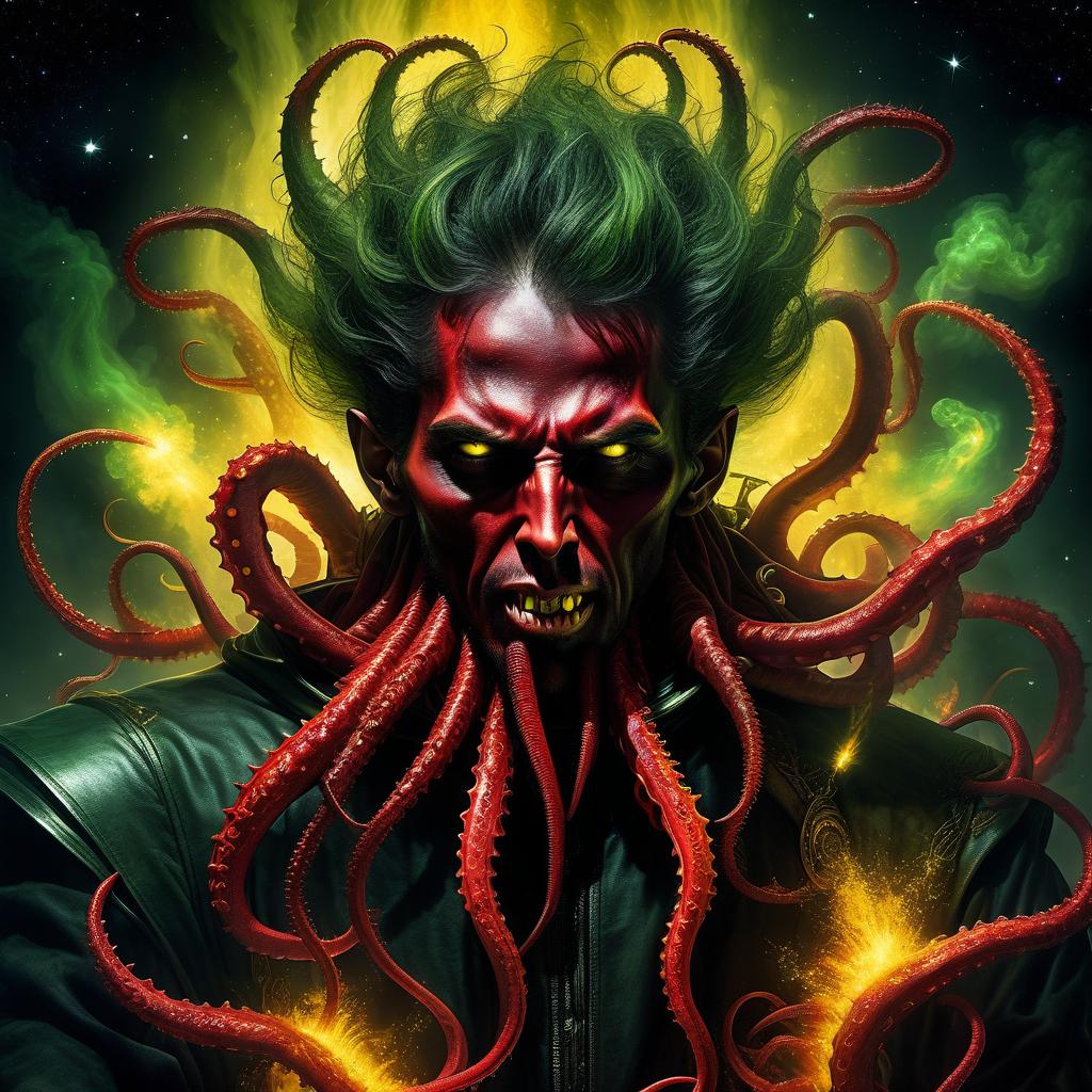  space themed in a black castle, a demonic vampire pretends to be a saint wrapped in a red rag wound strewn with spines of blades mucus in yellow and green smoke fire and sparks of tentacles . cosmic, celestial, stars, galaxies, nebulas, planets, science fiction, highly detailed