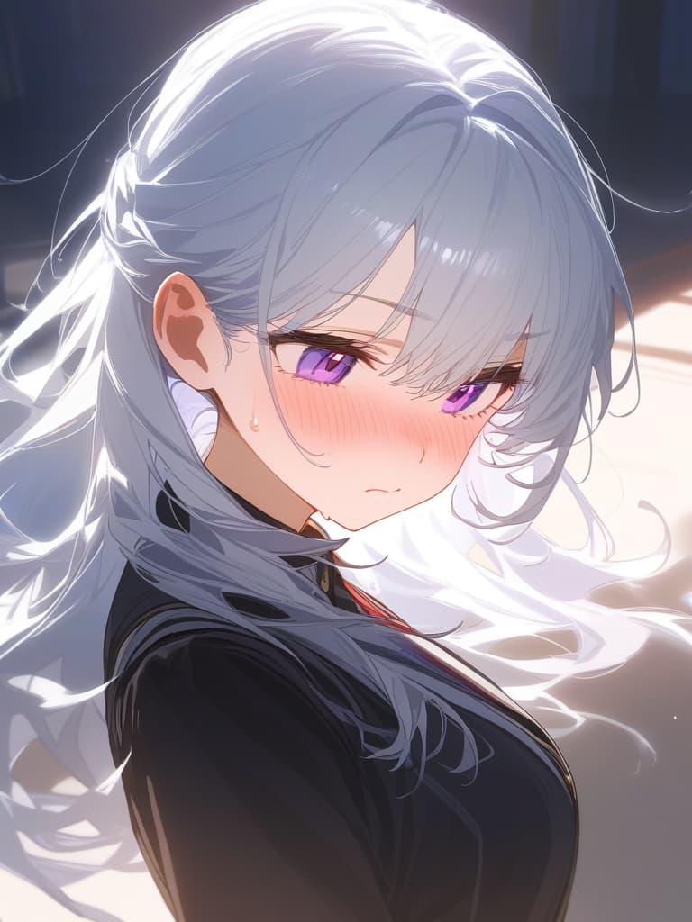  ((blushing,sweating,red cheeks,cute,shy girl,pretty girl,beautiful,long hair tucked behind ears,half up,silver hair,purple eyes,uniform,hair tucked behind ears))、ultra detailed,best shadow,cute and beautiful face,(masterpiece:1.2),(best quality:1.2),detailed background,high contrast,(best illumination,an extremely delicate and beautiful),((cinematic light)),hyper detail,dramatic light,intricate details,8k,anime,very aesthetic