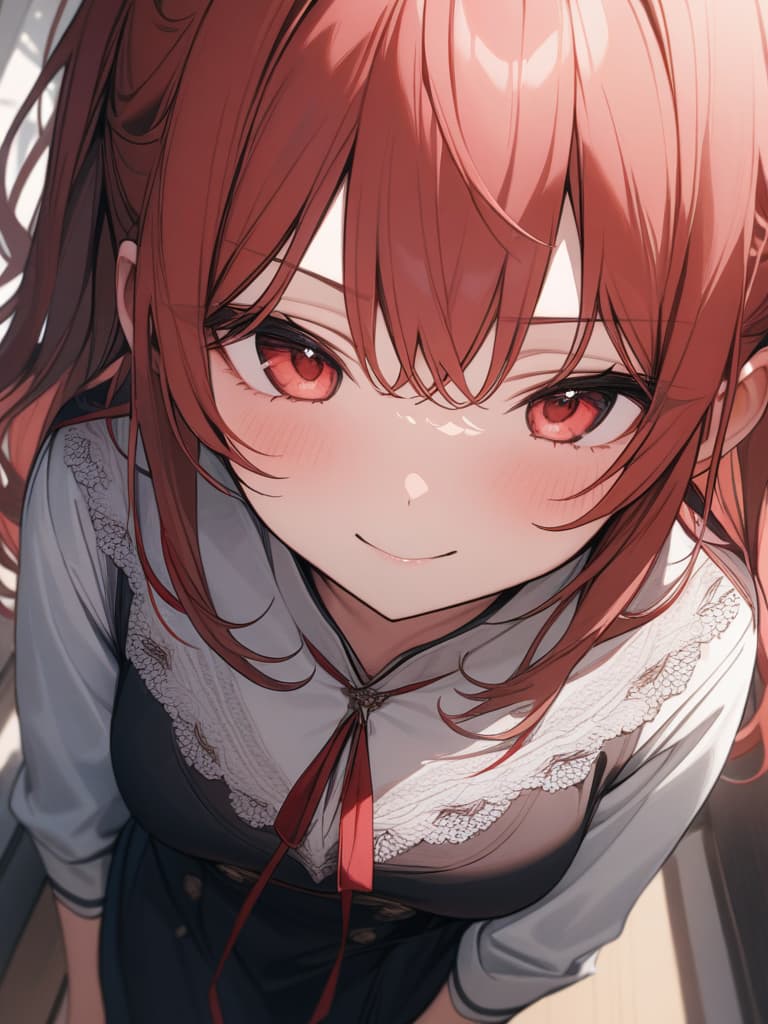  high angle shot,naughty smile,red long hair,from forward,look at front, masterpiece, best quality,8k,ultra detailed,high resolution,an extremely delicate and beautiful,hyper detail