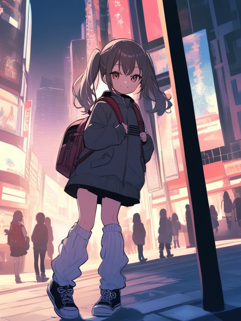   junior high , mini , twin tails, cute smile, backpack, ultra long loose socks, bottom sneakers, whole body, in the city,