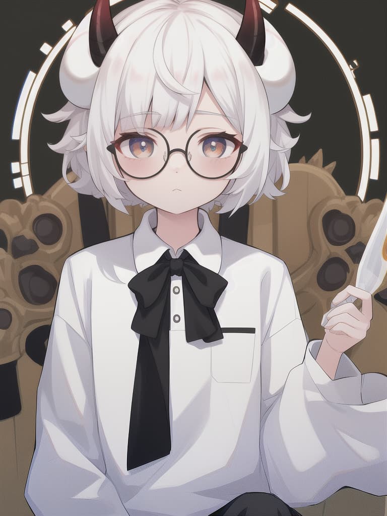  White hair, short hair, disturbed hair, boyish, boy, white clothes, polo shirt, black horns, glasses, upper body, cute, sitting, under lim glasses, masterpiece, best quality,8k,ultra detailed,high resolution,an extremely delicate and beautiful,hyper detail
