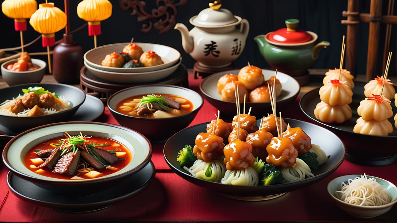  @ image prompt: a vibrant collage of iconic chinese dishes from different regions, including spicy sichuan dishes, delicate cantonese dim sum, peking duck, shanghainese soup dumplings, and xinjiang lamb skewers, set against a backdrop of traditional chinese dining settings. hyperrealistic, full body, detailed clothing, highly detailed, cinematic lighting, stunningly beautiful, intricate, sharp focus, f/1. 8, 85mm, (centered image composition), (professionally color graded), ((bright soft diffused light)), volumetric fog, trending on instagram, trending on tumblr, HDR 4K, 8K