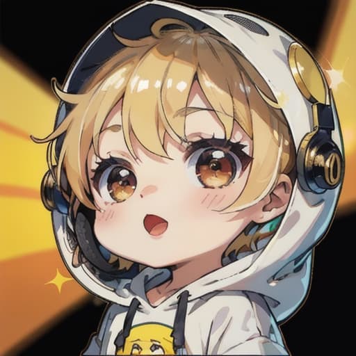  master piece , best quality,chibi chara, microphone in one hand, background foliage, chick hooded t shirt, cute, singing, short blonde hair, face close up.