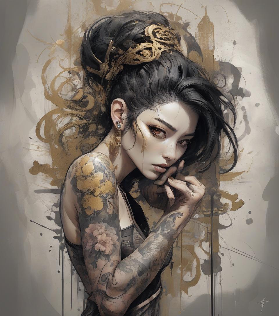  aesthetic, painterly style, modern ink, asian , sensual, dark , yakuza tattoo, expressive pose, urbanpunk, multi layered abstract texture background, neo expressionist, russ mills, ian miller, harrison fisher, brian froud, jeremy mann, steadman, hanuka, klimt, bell, hobbie, newton, greg rutkowski, atmospheric, hyperdetail, artstation trend, artgerm, deviant art, octane, masterpiece, complex art, intricate details, matte film poster painting, golden ratio, trending on cgsociety, incredibly detailed and stunningly beautiful