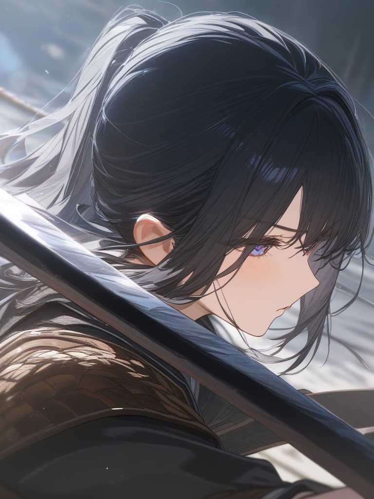  cool, sword, ponytail, black hair, wind blowing, female samurai, samurai, battle, masterpiece, best quality,8k,ultra detailed,high resolution,an extremely delicate and beautiful,hyper detail