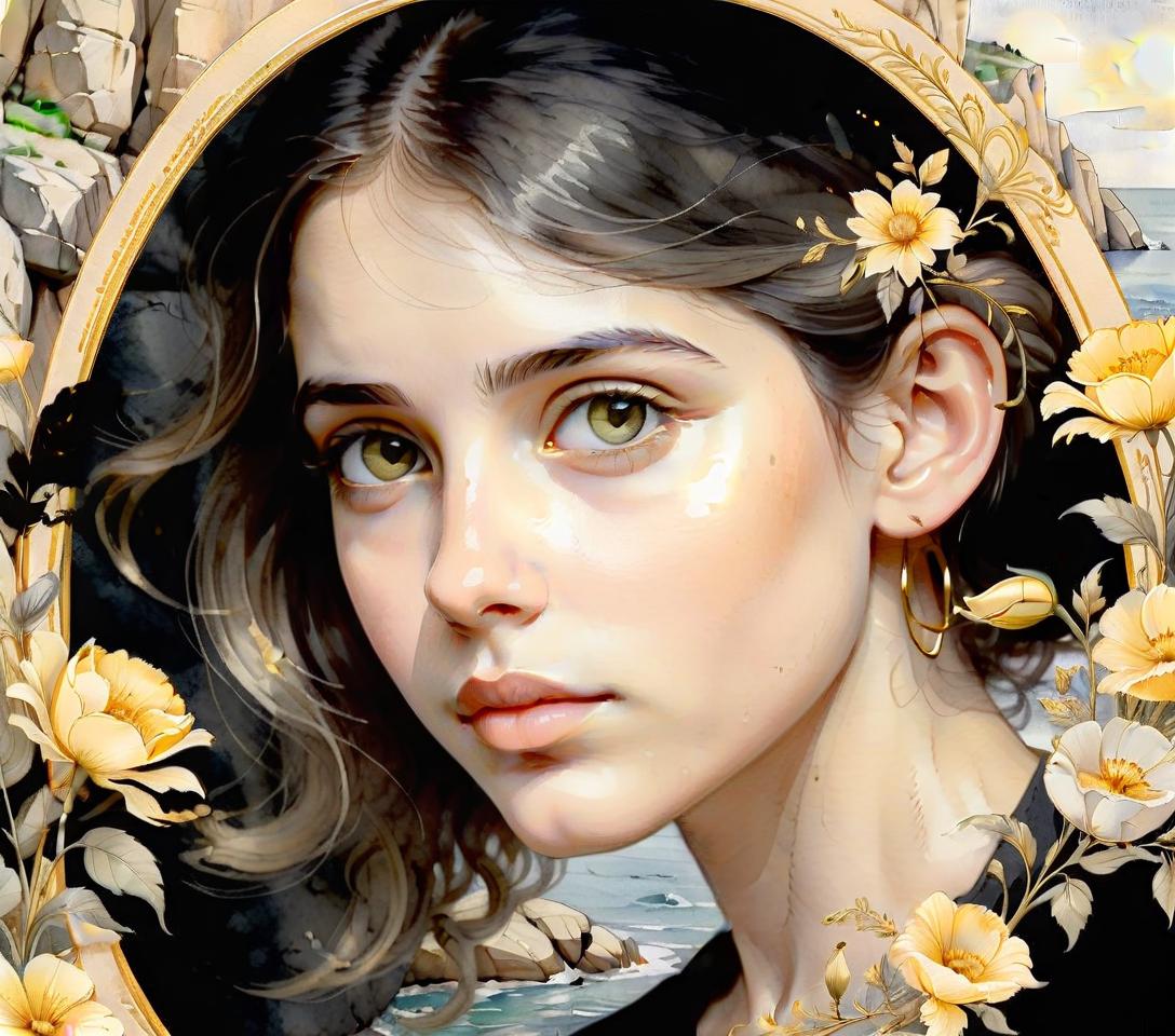  the face of the girl in an oval frame with gold drawings on the oval of three half arcs, in the frame of oval flowers on the frame, the portrait of the girl is made in delicate yellow and gray tones, watercolor, in the background the sea and rocks, a blurred background., on parchment