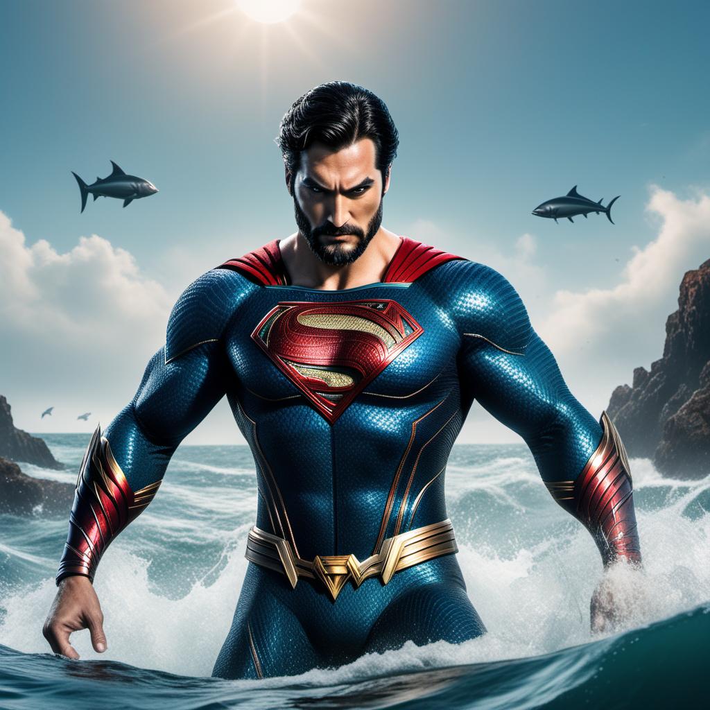  A highly detailed comic-style character design combining Superman and Aquaman. The character should integrate Superman's iconic blue and red suit, cape, and 'S' emblem with Aquaman's aquatic elements such as the scaled armor, trident, and sea motifs. Blend the strength and regal presence of Superman with the oceanic power and kingly aspects of Aquaman. The character should be in a powerful, heroic pose, possibly near an ocean or underwater, showcasing both Superman's flight and strength and Aquaman's command over the sea. hyperrealistic, full body, detailed clothing, highly detailed, cinematic lighting, stunningly beautiful, intricate, sharp focus, f/1. 8, 85mm, (centered image composition), (professionally color graded), ((bright soft diffused light)), volumetric fog, trending on instagram, trending on tumblr, HDR 4K, 8K