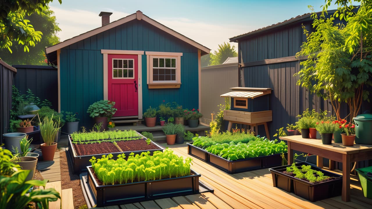  a vibrant urban backyard scene featuring a diverse array of seedlings in raised garden beds, a compost bin, a small chicken coop, and a cozy outdoor workspace with tools, all under a sunny blue sky. hyperrealistic, full body, detailed clothing, highly detailed, cinematic lighting, stunningly beautiful, intricate, sharp focus, f/1. 8, 85mm, (centered image composition), (professionally color graded), ((bright soft diffused light)), volumetric fog, trending on instagram, trending on tumblr, HDR 4K, 8K