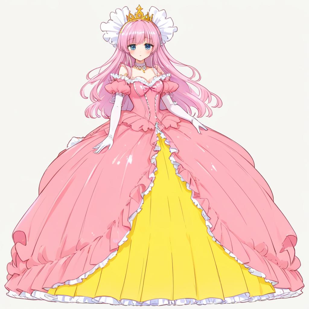  manga artwork yellow, pink and blue big poofy princess dress, ball gown, frills, ruffles, bows, idol dress, magical style, long white opera gloves, long yellow opera gloves, giant s, sparkly tiara, fancy necklace, long floor length veil covering her hair and back, shining intense blue eyes, very long ankle length bright pink hair with long bangs. manga artist. manga, highly emotional. best quality, high resolution