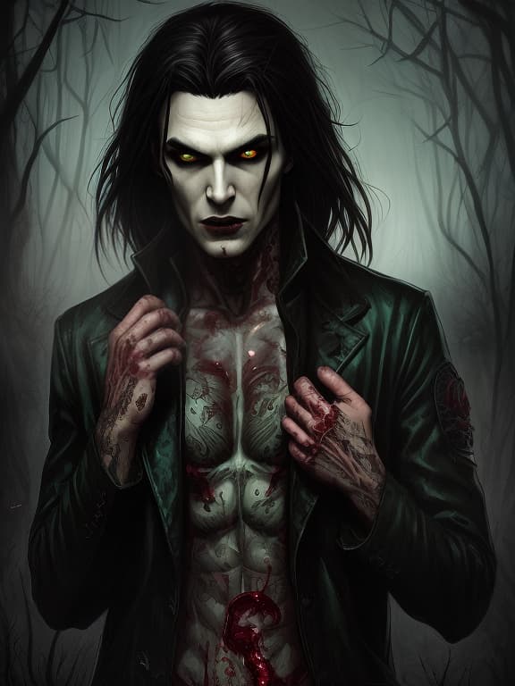  mysterious handsome vampire brunette green eyes black jacket tattoo, dark , creepy , blood , monsters , by jason engle , carlos huante , charlie bowater , simon lee , brom