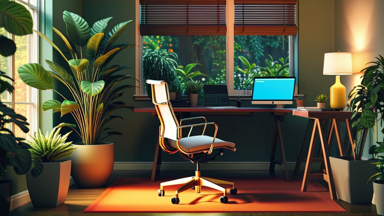  a cozy home office scene featuring an elegant ergonomic chair with adjustable features, surrounded by a stylish desk, lush plants, and warm ambient lighting, showcasing comfort and productivity in a modern workspace. hyperrealistic, full body, detailed clothing, highly detailed, cinematic lighting, stunningly beautiful, intricate, sharp focus, f/1. 8, 85mm, (centered image composition), (professionally color graded), ((bright soft diffused light)), volumetric fog, trending on instagram, trending on tumblr, HDR 4K, 8K