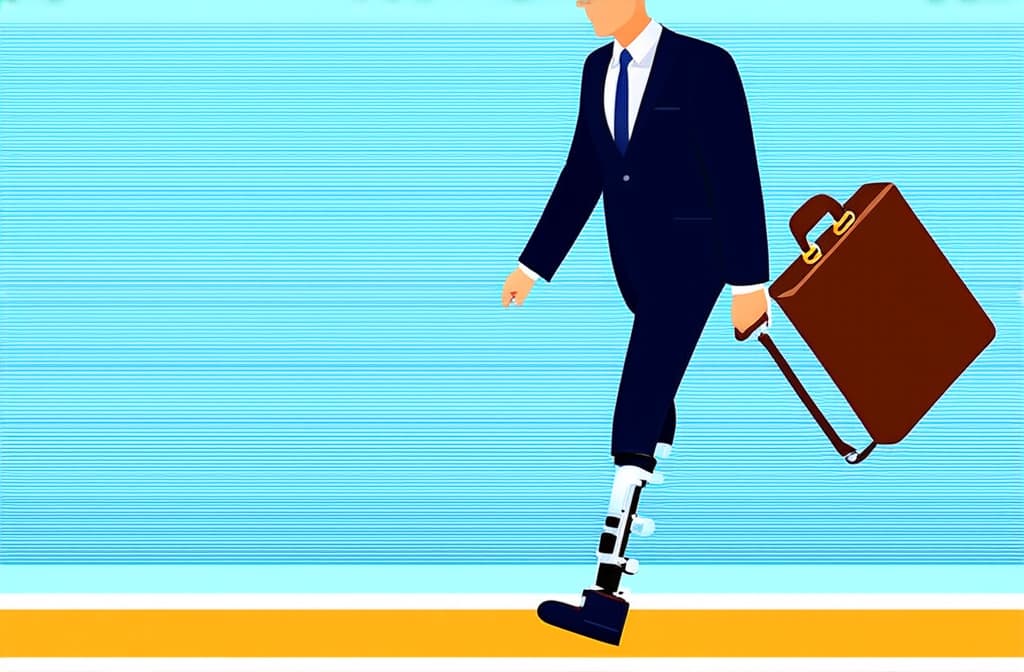  flat illustration, flaticon, (illustration:1.15), businessman with prosthetic leg walking with briefcase ar 3:2, [cory loftis, strobist, pascal campion :: 0.2]