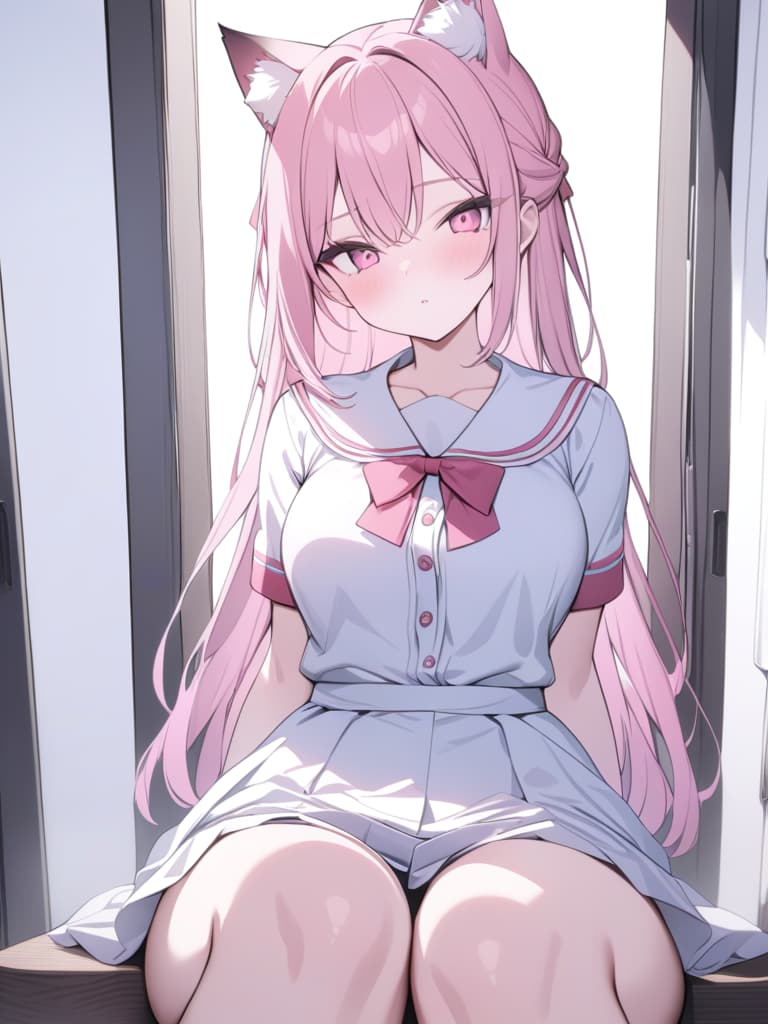  cat ears, cute, pink hair, pink eyes, heart and ribbon in the eyes, masterpiece, best quality,8k,ultra detailed,high resolution,an extremely delicate and beautiful,hyper detail