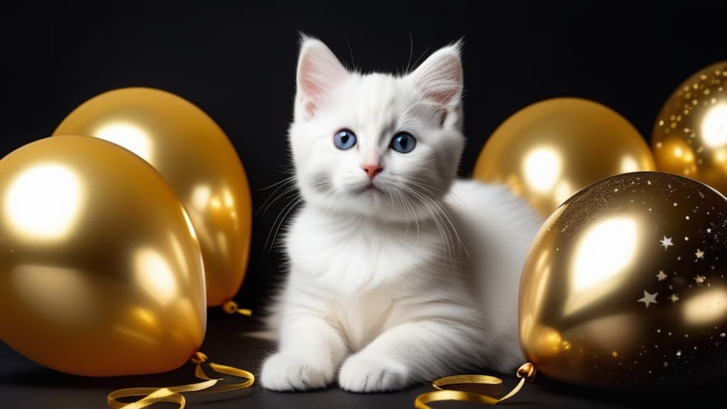  Christmas cat. Cat with gold foil balloons and golden stars. White kitten on a Christmas festive black background. ar 16:9 high quality, detailed intricate insanely detailed, flattering light, RAW photo, photography, photorealistic, ultra detailed, depth of field, 8k resolution , detailed background, f1.4, sharpened focus