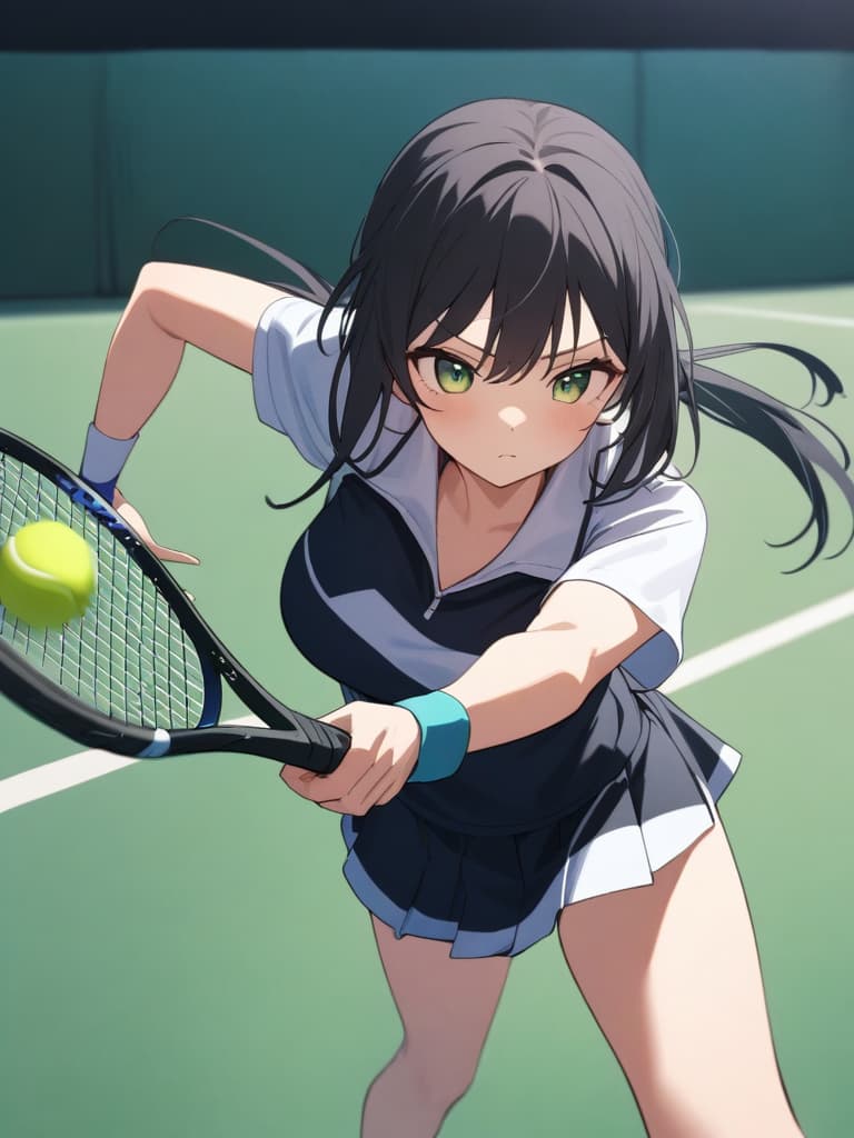  (masterpiece, highest quality,), beautiful fine eyes, very detailed, black hair, aho hair, long hair, green eyes, ponytails, busty, blurred background, shy pinup, tennis, tennis racket: 1.1), wearing tennis uniforms, tennis courts, (moving: 1.2), hitting the ball with a tennis ball, some players, standing in one foot </input> </xml>, motion blur, depression with a racket with one hand