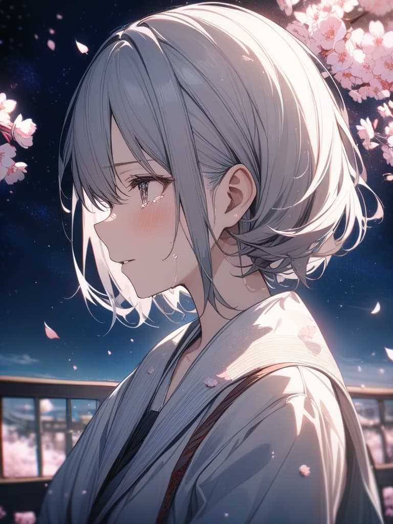  moon, starry sky, looking up at the sky, tears, girls, painful, cherry blossoms, cherry blossom petals scatter, profile, masterpiece, best quality,8k,ultra detailed,high resolution,an extremely delicate and beautiful,hyper detail