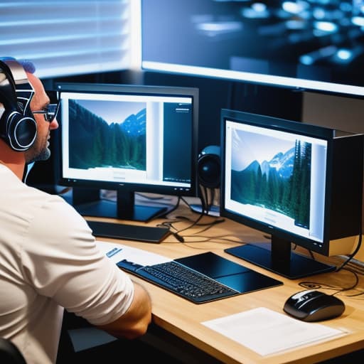  2 man sitting in Podcast with computer background of hacking image hyperrealistic, full body, detailed clothing, highly detailed, cinematic lighting, stunningly beautiful, intricate, sharp focus, f/1. 8, 85mm, (centered image composition), (professionally color graded), ((bright soft diffused light)), volumetric fog, trending on instagram, trending on tumblr, HDR 4K, 8K