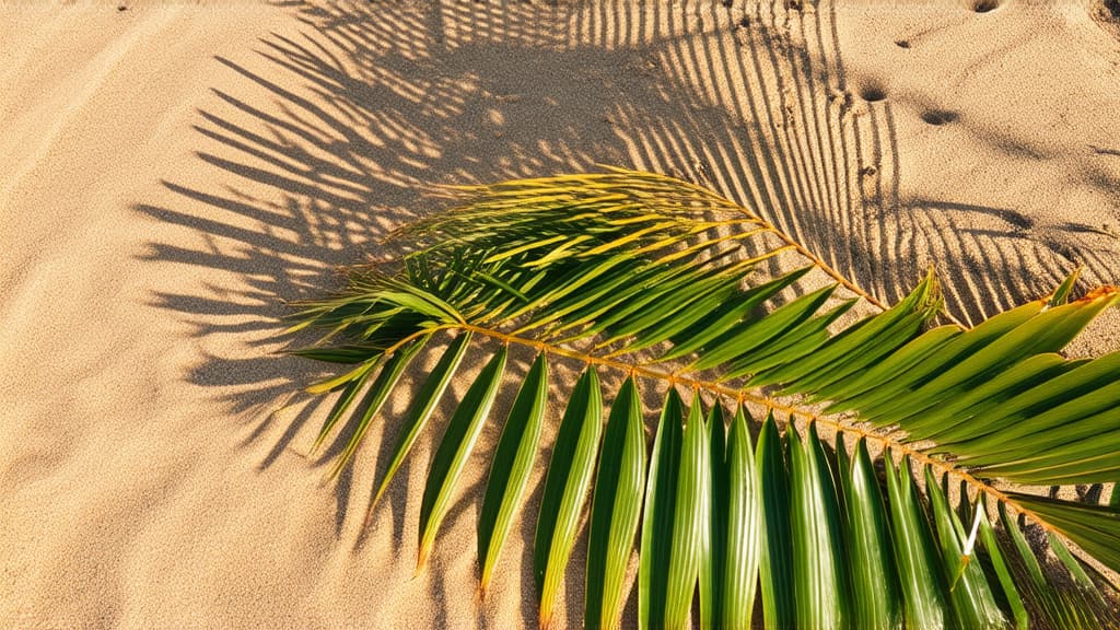  summer background of beach sand with shadows from palm leaves, top view. ar 16:9 {prompt}, maximum details