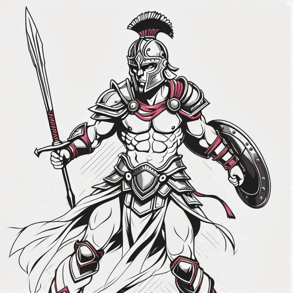  line art drawing gladiator, same nightmare. anime style . professional, sleek, modern, minimalist, graphic, line art, vector graphics