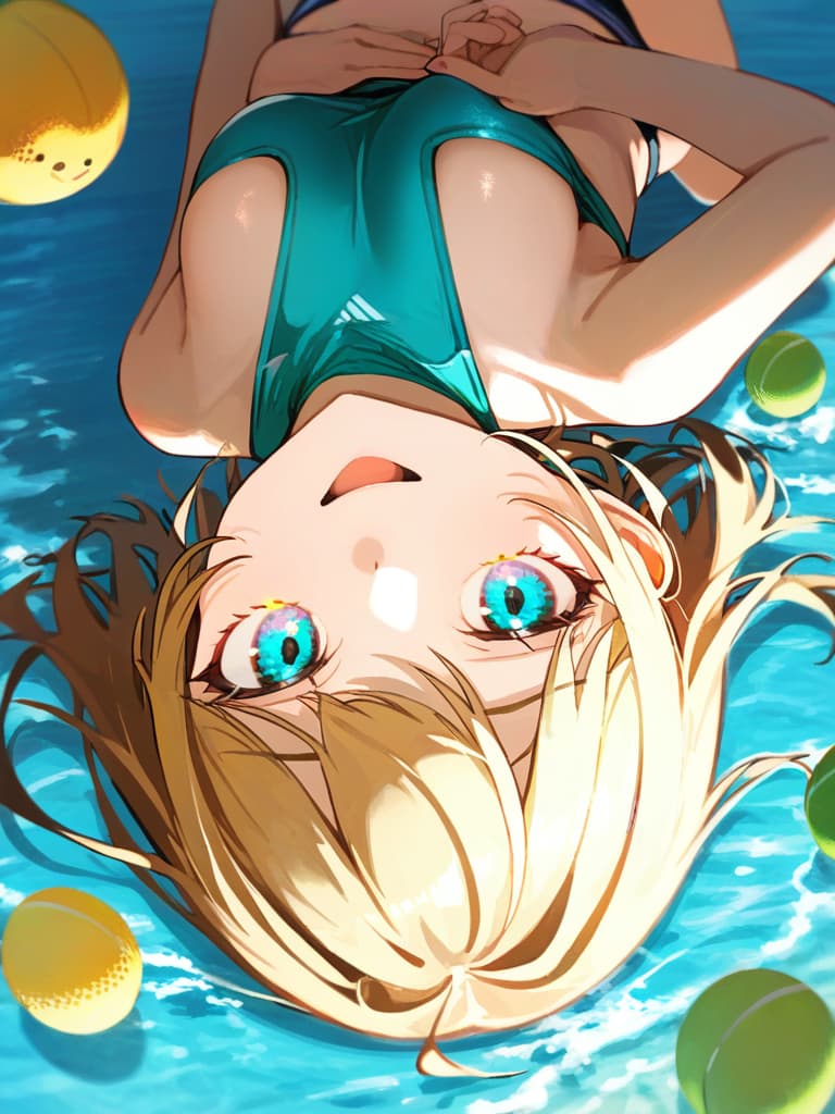  ultra detailed:1.2,masterpiece:1.2,best quality,masterpiece,bestquality,hdr:1.1,8k:1.1,very cute girl:1.3,(aqua color,sports ,swimwear:1.6),(standing:1.5) ,smile:1.4 ,(blonde hair,twin tail,drill hair:1.3) ,upper body:1.3,dutch angel:1.5,open mouth,((upside down:1.7))(from above:1.1)((eyes highlight:1.1))