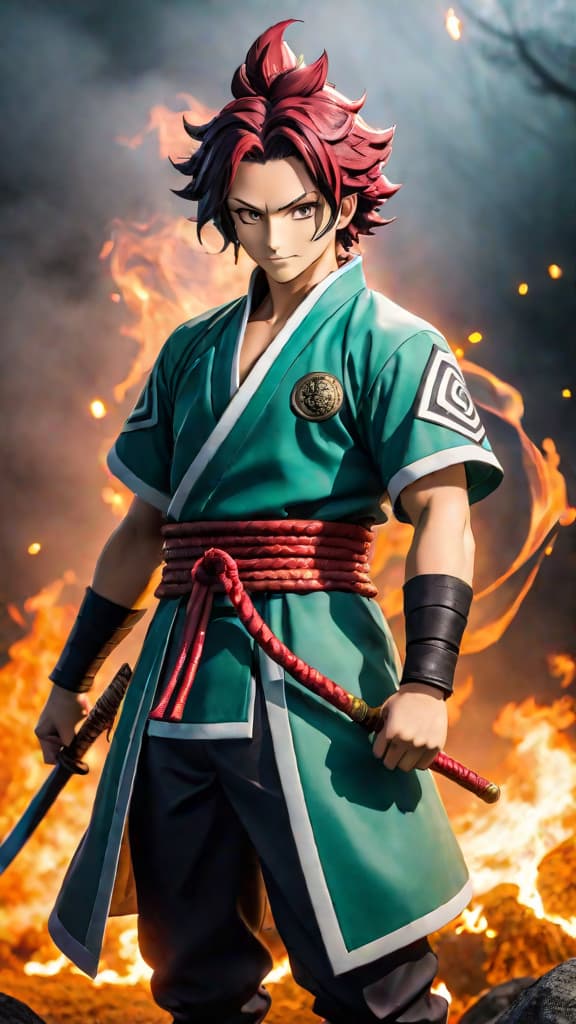  anime art of tanjiro kamado from demon slayer transforming into a powerful demon king. hyperrealistic, full body, detailed clothing, highly detailed, cinematic lighting, stunningly beautiful, intricate, sharp focus, f/1. 8, 85mm, (centered image composition), (professionally color graded), ((bright soft diffused light)), volumetric fog, trending on instagram, trending on tumblr, HDR 4K, 8K