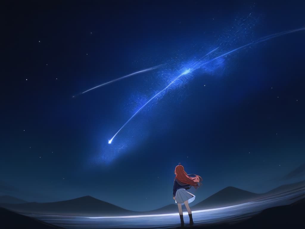  red hair, student, long hair, green eyes, back, uyuni salt lake, night, sailor suit, 1 person, starry sky, whole body, flow star, meteor shower