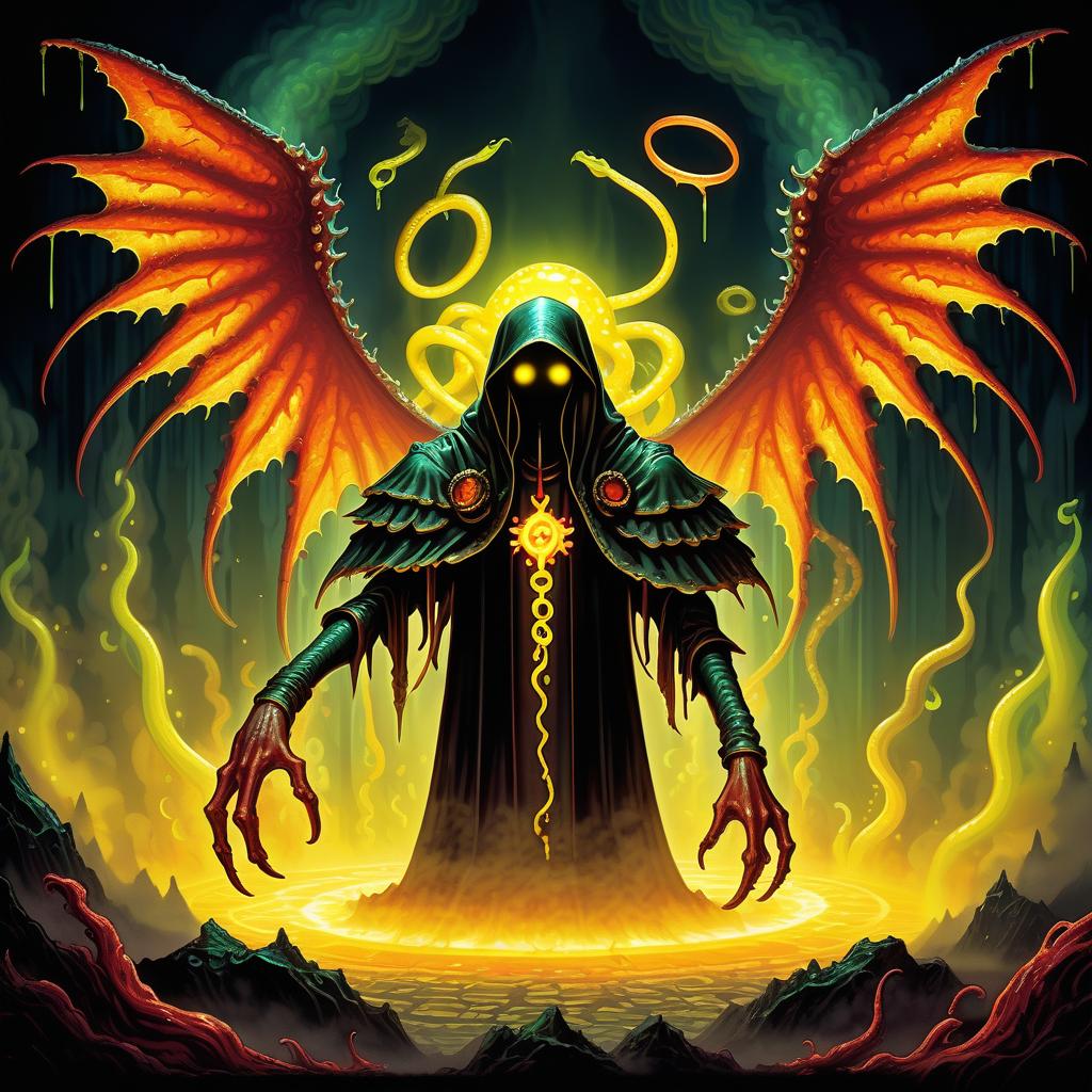  retro game art a creature in a priest's mantle in a sticky shiny slime bent into the fog and light of yellow lights smoke red sparks spikes terror of lovecraft's tentacles necronomicon and rings of slime wings . 16 bit, vibrant colors, pixelated, nostalgic, charming, fun