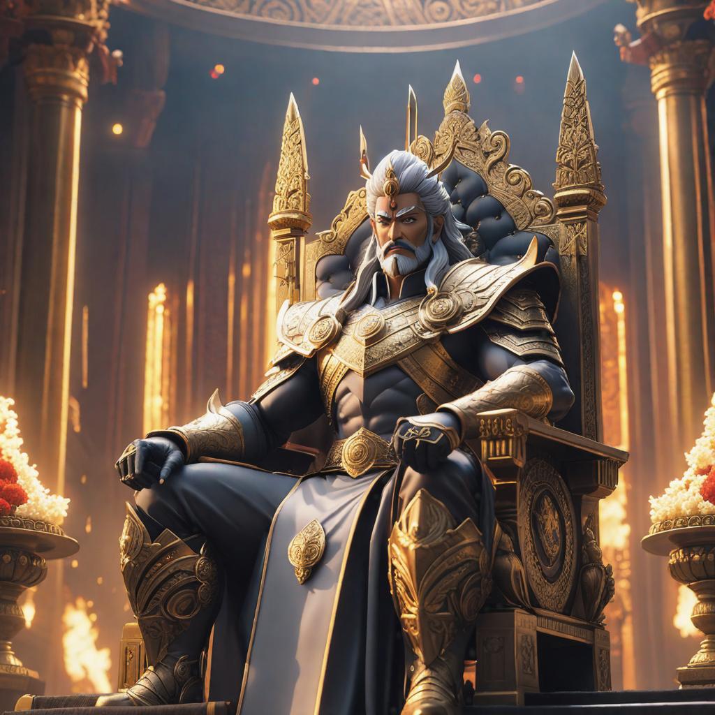  shriram is a god with a sword sitting on a king chair , ((anime)) hyperrealistic, full body, detailed clothing, highly detailed, cinematic lighting, stunningly beautiful, intricate, sharp focus, f/1. 8, 85mm, (centered image composition), (professionally color graded), ((bright soft diffused light)), volumetric fog, trending on instagram, trending on tumblr, HDR 4K, 8K