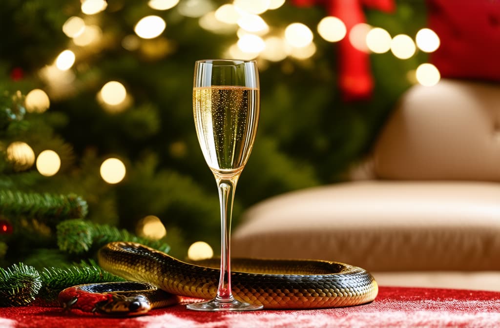  cinematic film style, a snake and a glass of champagne on the background of christmas garlands ar 3:2, shallow depth of field, vignette, maximum details, high budget hollywood movie, bokeh, cinemascope, moody, epic, gorgeous, sun rays and shadows on furniture and surfaces, flattering light, raw photo, photography, photorealistic, 8k resolution, f1.4, sharpened focus, sharp focus