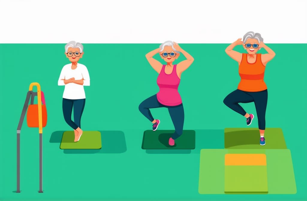  elderly people cartoon characters doing sports, practicing yoga, enjoying aerobics and gymnastics. flat illustration ar 3:2 {prompt}, maximum details