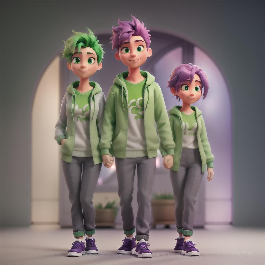  A green haired boy wearing green holding the hand of a magenta haired girl with a dark purple hoodie on with grey pants and white socks hyperrealistic, full body, detailed clothing, highly detailed, cinematic lighting, stunningly beautiful, intricate, sharp focus, f/1. 8, 85mm, (centered image composition), (professionally color graded), ((bright soft diffused light)), volumetric fog, trending on instagram, trending on tumblr, HDR 4K, 8K