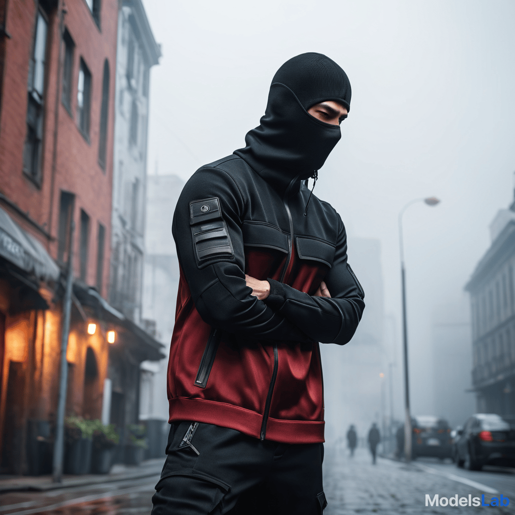  man model, pose, techwear style, show body, show head, using wool balaclava, poliester sports jacket, fashion, urban ambient, dark pallete, black clothes hyperrealistic, full body, detailed clothing, highly detailed, cinematic lighting, stunningly beautiful, intricate, sharp focus, f/1. 8, 85mm, (centered image composition), (professionally color graded), ((bright soft diffused light)), volumetric fog, trending on instagram, trending on tumblr, HDR 4K, 8K