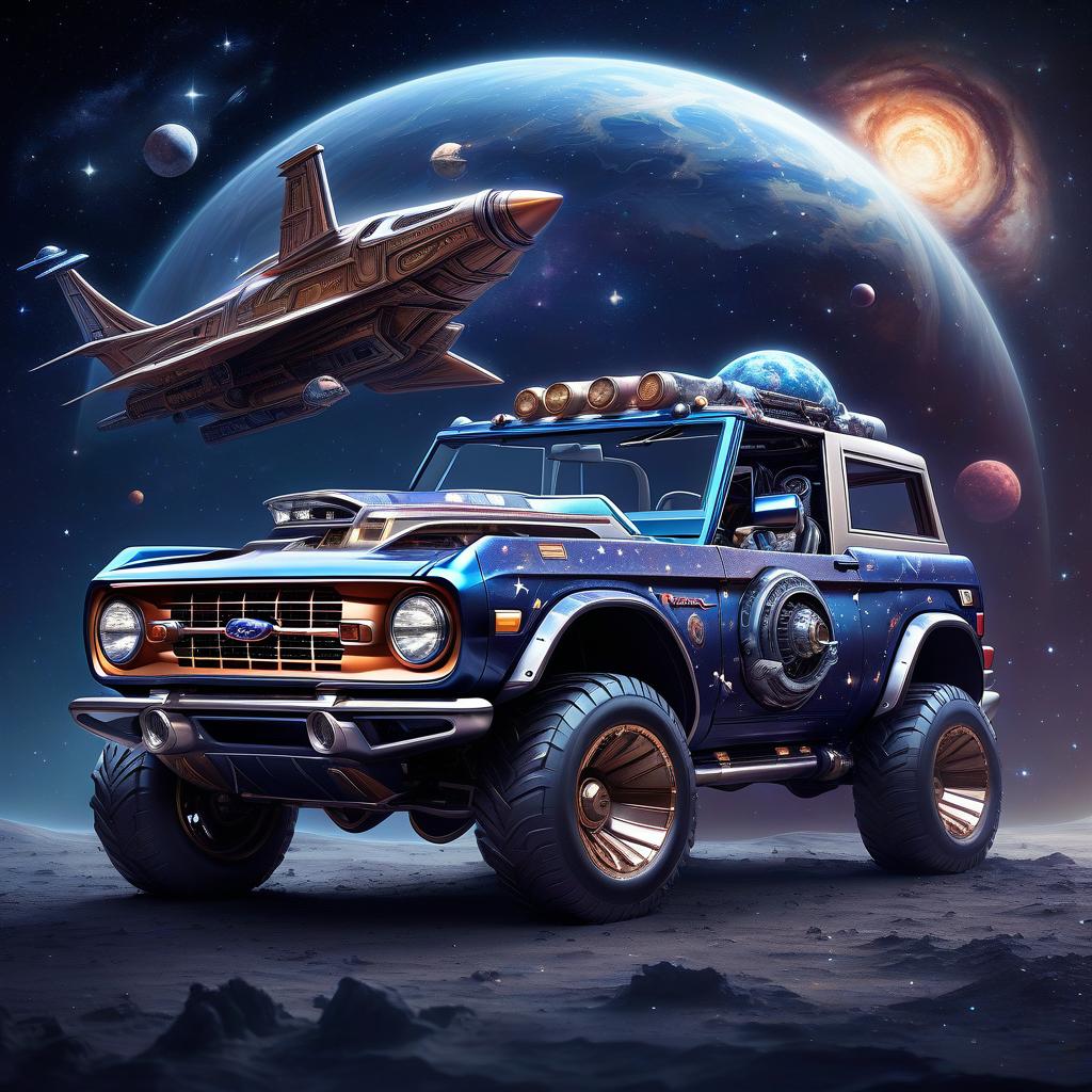  space themed brutal ford bronco mustang in the style of paropunk, dieselpunk, . cosmic, celestial, stars, galaxies, nebulas, planets, science fiction, highly detailed