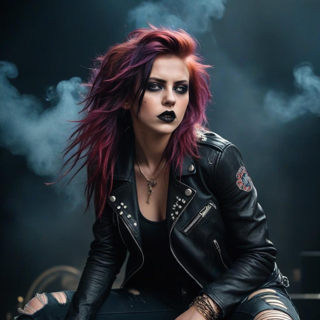  cinematic photo a punk rocker girl on stage, dressed in a torn leather jacket with studs, ripped jeans, and high top sneakers with bright laces. her face is pale, with sharp features and defined cheekbones, reflecting her inner strength and determination. her eyes are boldly outlined with black eyeliner, with deep dark shadows adding drama. her lips are covered in rich dark lipstick, with a slightly smudged outline that adds a touch of carelessness. her hair is brightly colored, disheveled, and styled in a chaotic yet purposeful mess. she stands on stage, emotionally screaming, expressing rebellion and passion. smoke swirls around her, and the lighting creates dramatic shadows, emphasizing her energetic and defiant presence. no extraneous .