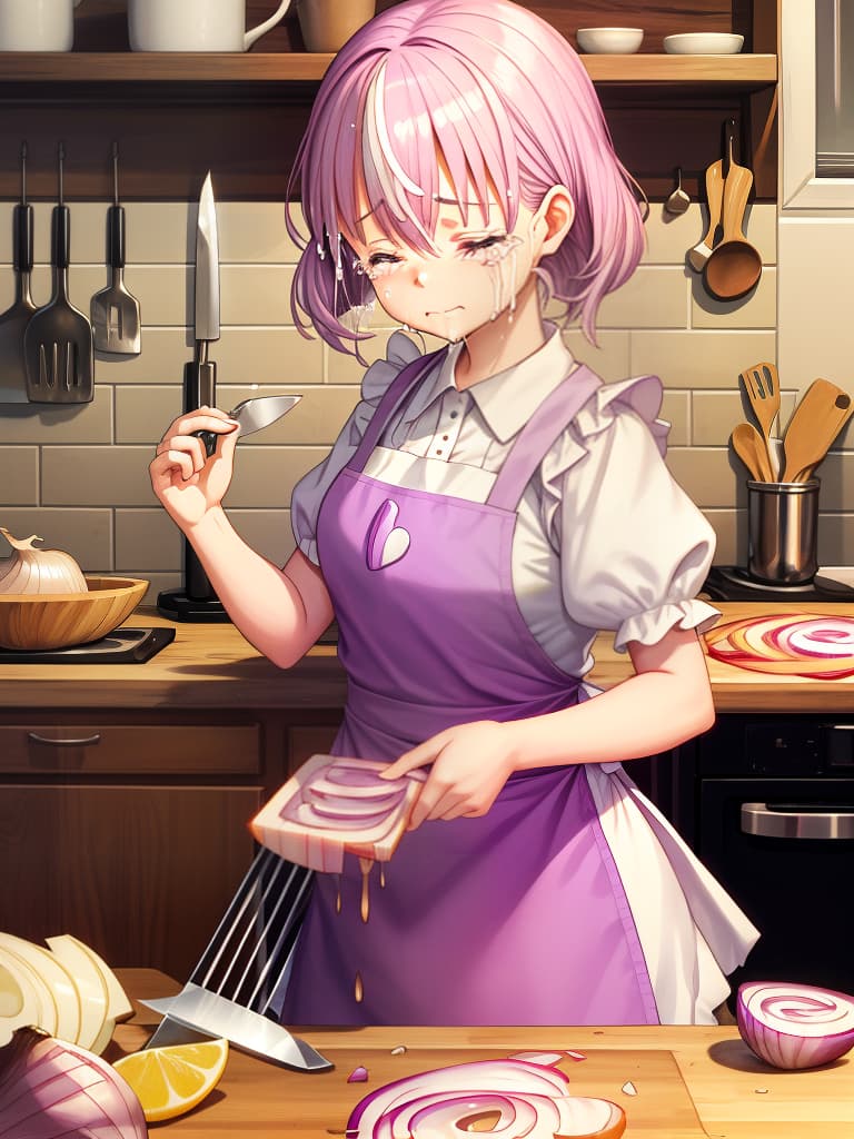  kitchen,woman wearing apron {cutting onion with knife on cutting board,(tears while slicing onion into thin slices:1.4) sliced onion on cutting board},super detailed,high resolution,absurd,employed,