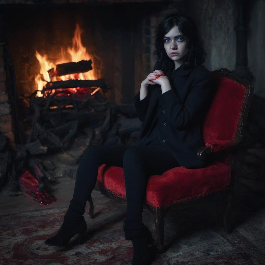  horror themed a girl with short wavy black hair, blue eyes full of pain, despair, loneliness, sitting by the fireplace in a red armchair, portrait, blood,black coat, black trousers, hands covered in blood, murderers, trap . eerie, unsettling, dark, spooky, suspenseful, grim, highly detailed