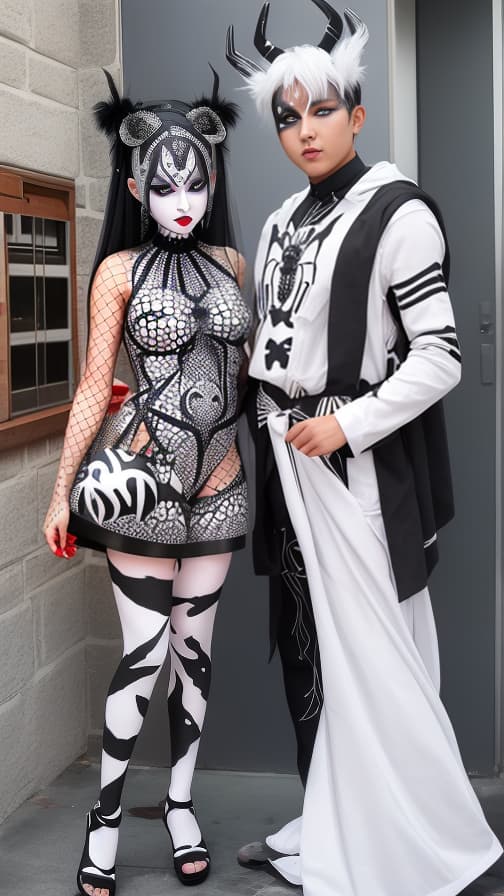  Black and White Spider-patterned body paint in every corner of the whole body, full-body, silver body paint, White face paint on the face,Dark elfs 女性