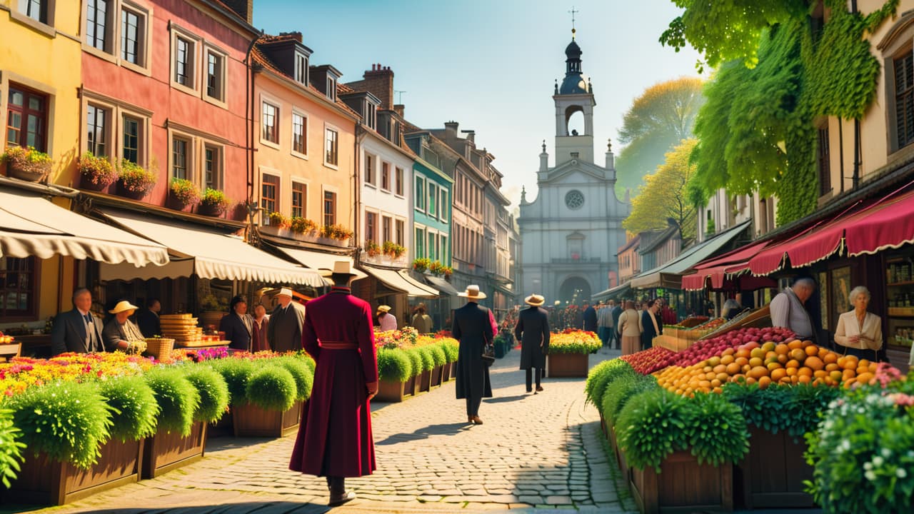  a picturesque historic town square, featuring charming cobblestone streets, vintage architecture, heritage sites with informative plaques, vibrant local markets, and tourists admiring the scenery, surrounded by lush greenery and colorful flowers. hyperrealistic, full body, detailed clothing, highly detailed, cinematic lighting, stunningly beautiful, intricate, sharp focus, f/1. 8, 85mm, (centered image composition), (professionally color graded), ((bright soft diffused light)), volumetric fog, trending on instagram, trending on tumblr, HDR 4K, 8K