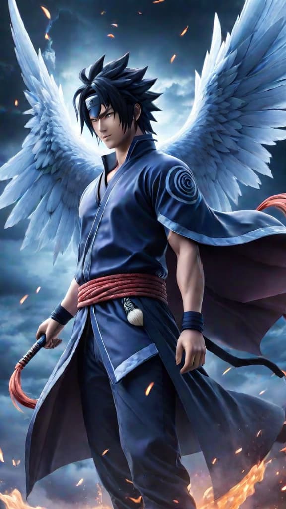  anime art of sasuke uchiha's susanoo with wings representing his desire for freedom and power. hyperrealistic, full body, detailed clothing, highly detailed, cinematic lighting, stunningly beautiful, intricate, sharp focus, f/1. 8, 85mm, (centered image composition), (professionally color graded), ((bright soft diffused light)), volumetric fog, trending on instagram, trending on tumblr, HDR 4K, 8K