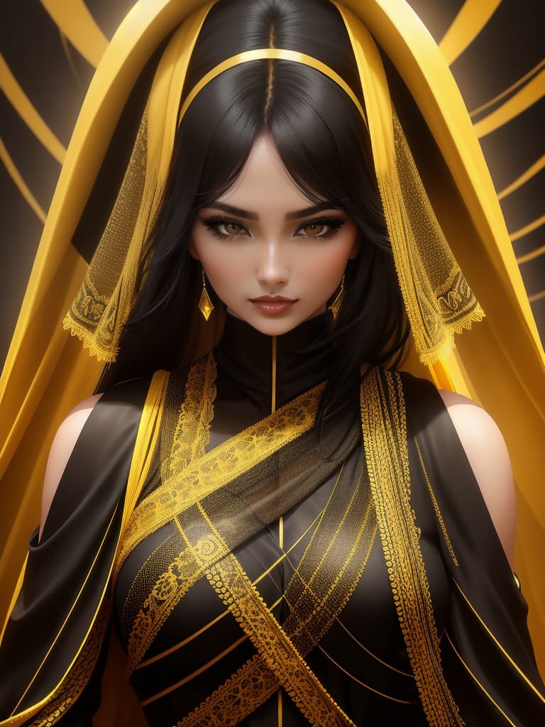  Golden yellow and sleek black color palette, captivating and inviting expression, exuding elegance and charm, magnetic beauty, intricate details, high contrast, luxurious feel, digital art, female, glossy finish, striking composition, dynamic lighting to enhance features.