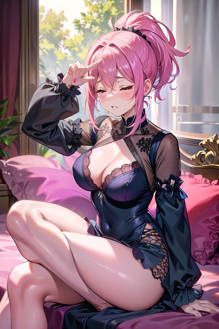  r 18, , middle , pink haired ,ponytail,large eyes,A woman, in a state of , sits on the edge of her bed, ing her legs slightly apart. Her expression is one of pure ecstasy, eyes closed, head tilted back, a soft moan escaping her lips. She wears black lace , her right hand boldly caressing herself, fingers exploring ly, while her left hand cups her full , thumb gently brushing the sensitive peak. The camera captures the raw pion and , focusing on her hands and the delicate lace that barely contains her curves.