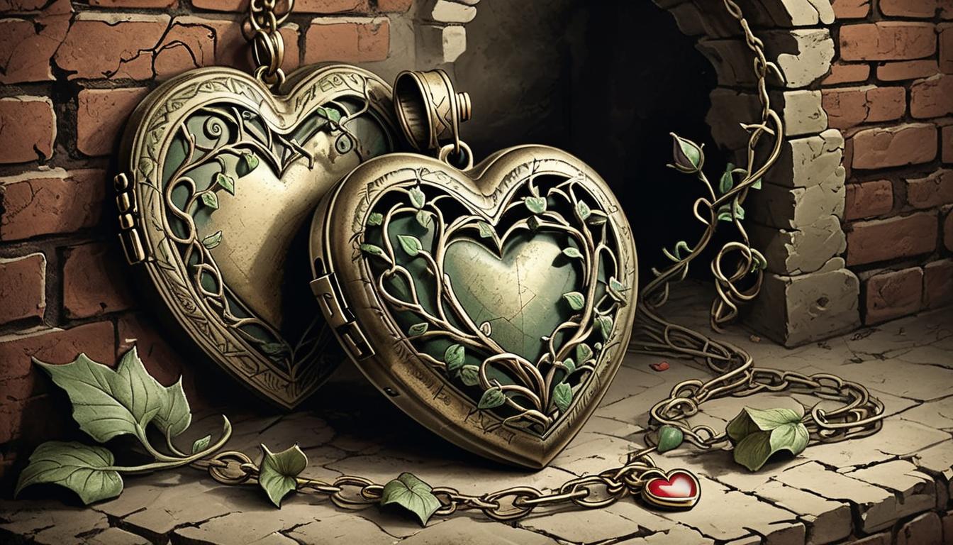  on parchment, surrealism+++, twisting vines of jealousy, entangling an abandoned heart shaped locket, set against a crumbling brick wall, shadowy and atmospheric(mysterious, provocative, symbolic,muted color)+++