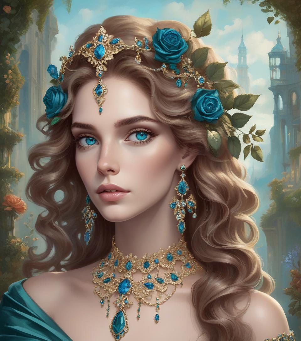  concept art a fantastical portrait of a woman with wavy hair, adorned with jewelry, set against a floral and landscape backdrop. a whimsical, fantasy themed portrait of a young woman with fair skin and large, captivating blue eyes. her long, voluminous wavy hair cascades over her shoulders in shades of chestnut accented with deep gray undertones. she wears an intricate, baroque style headpiece adorned with teal blue roses, emerald green leaves, and delicate gold embellishments, complementing her ornate teal and gold chandelier earrings and matching necklace, both encrusted with sapphires and emeralds. the woman's expression is serene yet enigmatic, with a slight tilt of her head, as she rests her chin gracefully on her upraised right hand