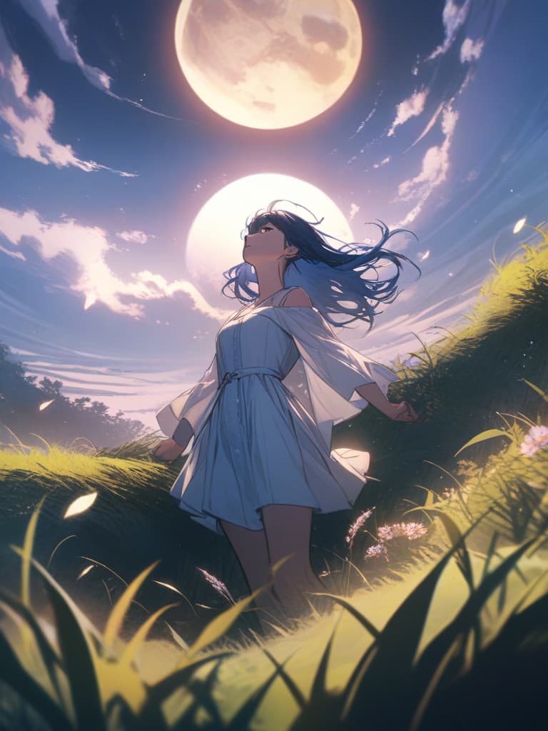  white dress, big moon, looking up, looking up, grass, blue hair, best quality, masterpiece, ultra detailed, healing, healing.