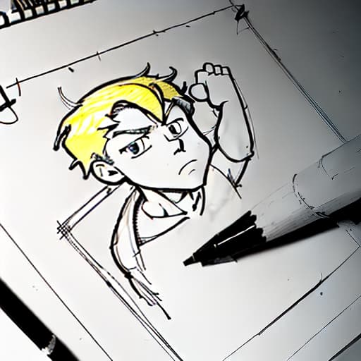  boy dokin, he's blonde at the computer, pencil drawing, black and white, b&w, low detail, sketch, concept art, manga style, anime style, line art, webtoon, manhua, chalk, hand drawn, defined lines, simple shades, simplistic, manga page, minimalistic