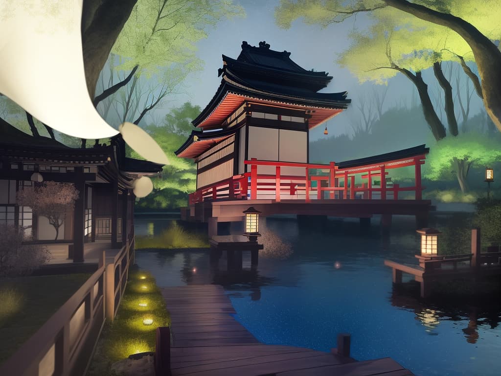  masterpiece, best quality, (fidelity: 1.4), best quality, masterpiece, ultra high resolution, 8k resolution, a night view inspired by japanese art, featuring a garden illuminated by paper lanterns and a wooden bridge spanning a tranquil lake, by the lakeside, there is a small zen temple. the water reflects the starry sky.