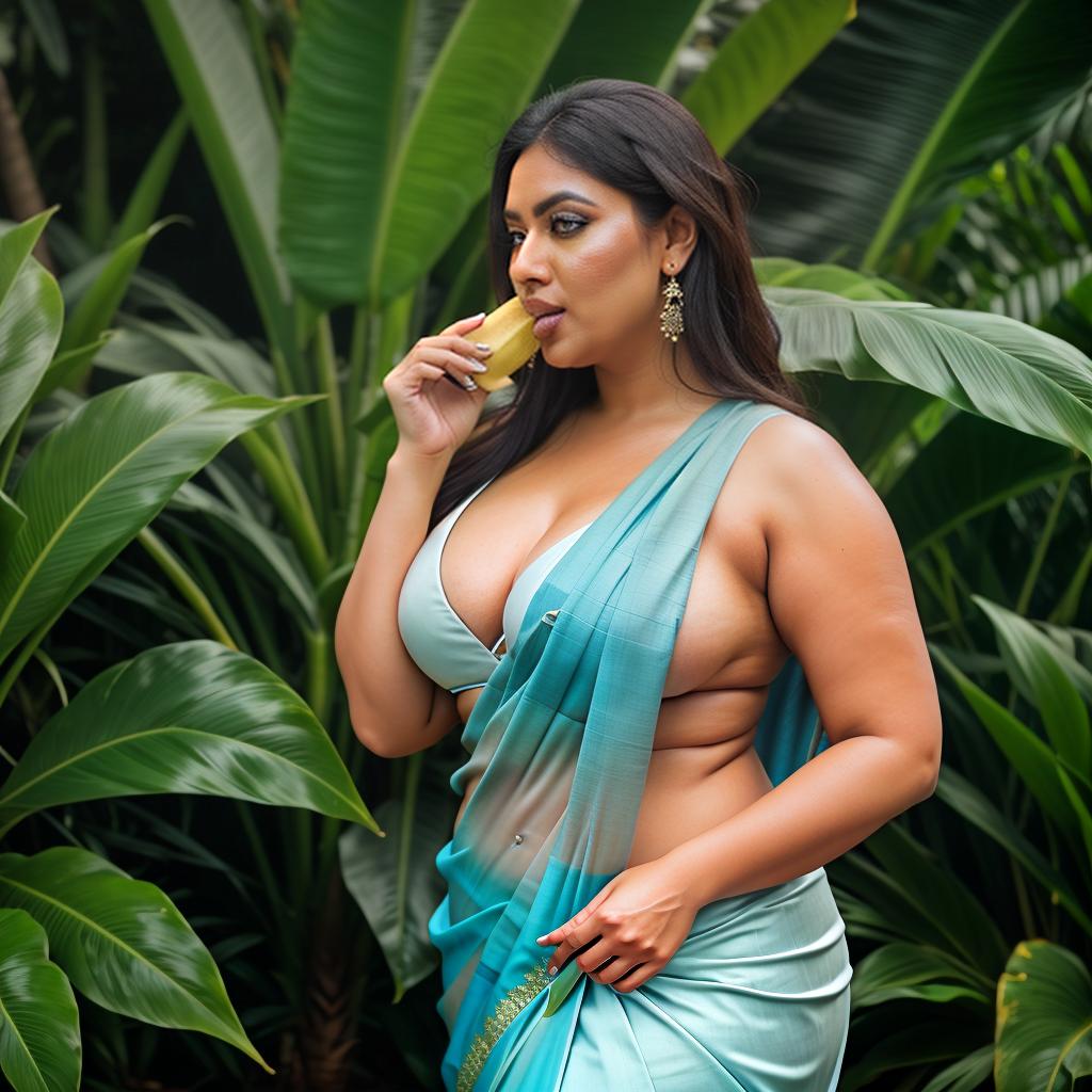  A Huge chubby Woman licking Big Banana in, Saree and pallu, Clean face, Banana Trees, No saturation, low vibrant, portrait hyperrealistic, full body, detailed clothing, highly detailed, cinematic lighting, stunningly beautiful, intricate, sharp focus, f/1. 8, 85mm, (centered image composition), (professionally color graded), ((bright soft diffused light)), volumetric fog, trending on instagram, trending on tumblr, HDR 4K, 8K