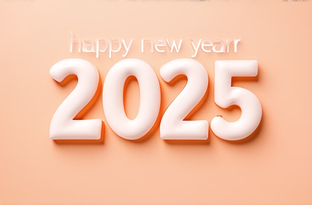  professional detailed photography, happy new year 2025 poster on peach background ar 3:2, (muted colors, dim colors, soothing tones), (vsco:0.3)