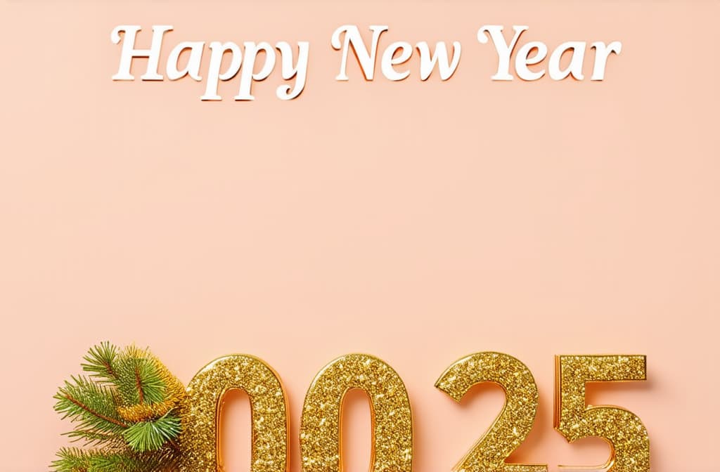  professional detailed photography, happy new year 2025 poster on peach background ar 3:2, (muted colors, dim colors, soothing tones), (vsco:0.3)